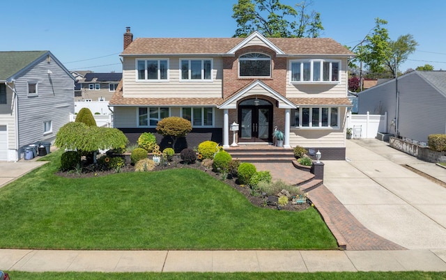 view of front of home featuring a front yard, fence, french doors, and a chimney