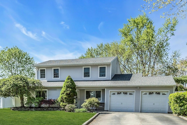 traditional-style house featuring an attached garage, a front lawn, and aphalt driveway