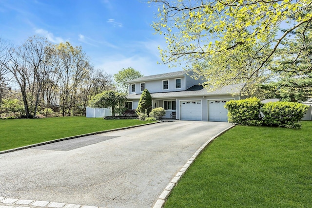 traditional-style house featuring a garage, a front lawn, aphalt driveway, and fence