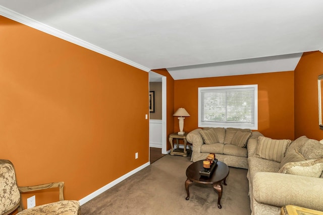 living room featuring baseboards, carpet, and crown molding