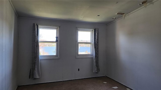 unfurnished room with crown molding and dark carpet