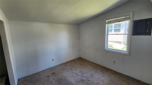 bonus room with carpet flooring, lofted ceiling, and electric panel