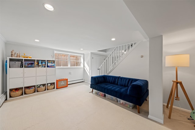 carpeted living area with stairs, recessed lighting, baseboards, and baseboard heating