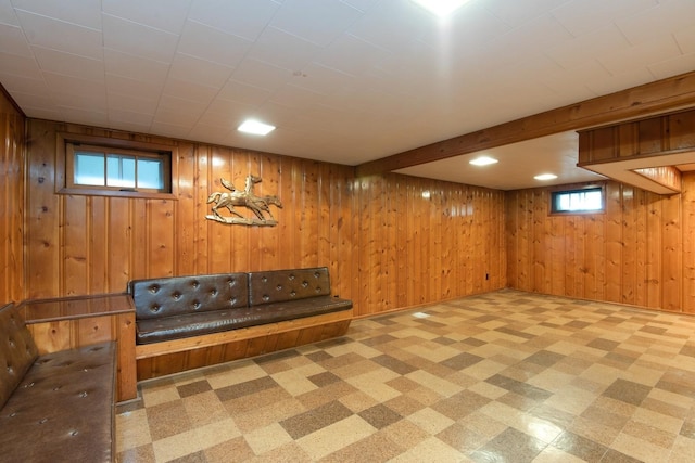 basement with light floors and wood walls
