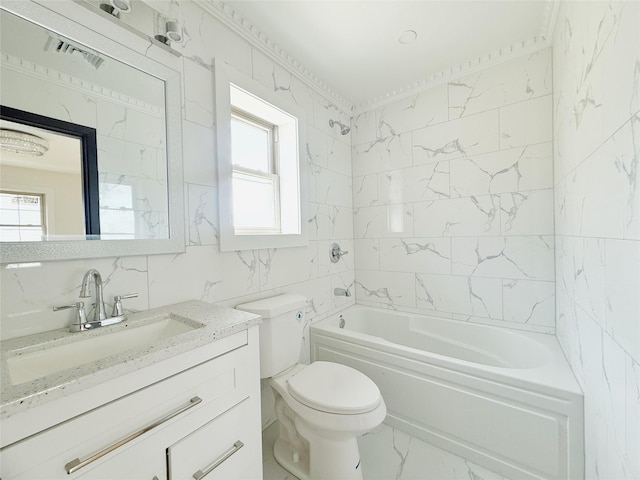 103-22 104th St, Ozone Park, NY 11417 - full bath featuring visible vents, tile walls, shower / washtub combination, toilet, and marble finish floor