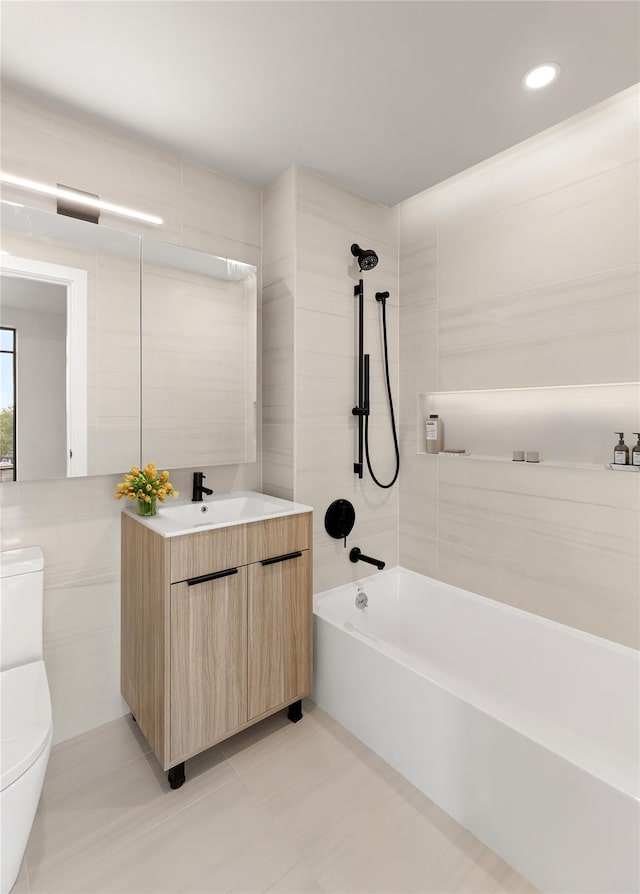 full bathroom featuring tile patterned flooring, vanity, shower / bathtub combination, toilet, and recessed lighting