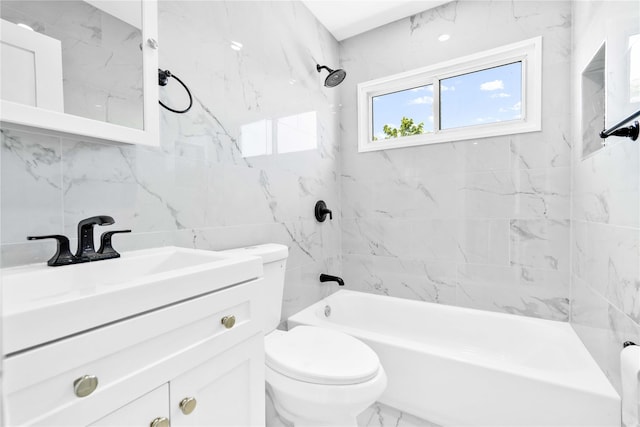 full bath with vanity, decorative backsplash, toilet, tile walls, and shower / bath combination