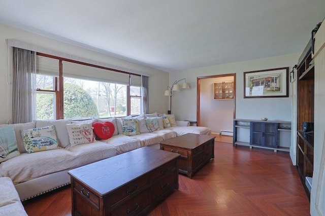 living area featuring a baseboard heating unit and a barn door