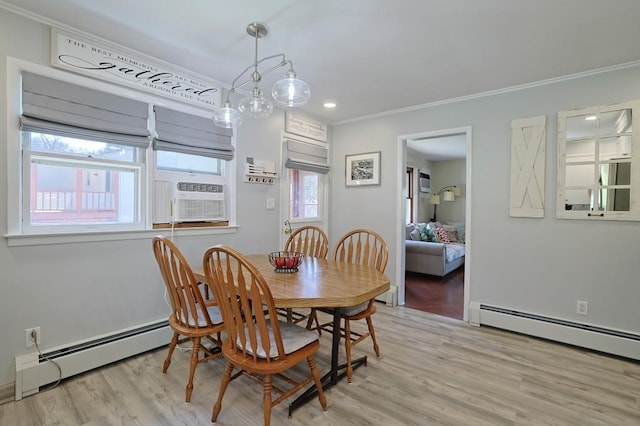 dining room with crown molding, light wood-style floors, baseboard heating, and cooling unit