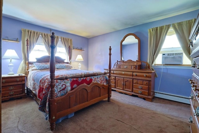 carpeted bedroom featuring a baseboard radiator, cooling unit, and multiple windows