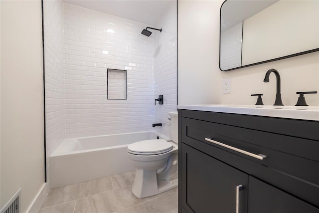 bathroom with tile patterned flooring, vanity, bathtub / shower combination, toilet, and visible vents