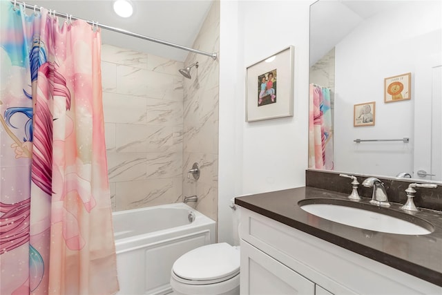 bathroom with toilet, shower / bath combination with curtain, and vanity
