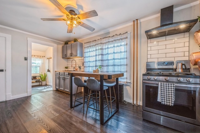 67 Summers St, Oyster Bay, NY 11771 - kitchen featuring crown molding, wall chimney range hood, stainless steel range with gas cooktop, dark wood-type flooring, and backsplash