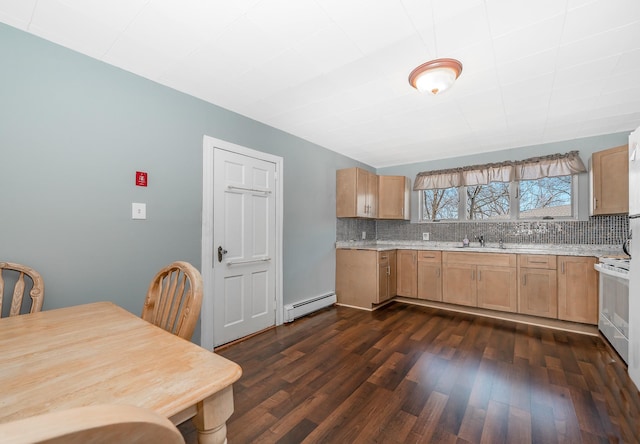 kitchen with backsplash, a sink, a baseboard heating unit, white range with electric stovetop, and dark wood-type flooring