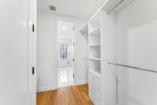 walk in closet with light wood-style floors and visible vents