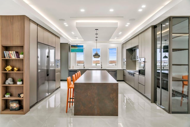 kitchen featuring a raised ceiling, gray cabinets, stainless steel appliances, a kitchen island, and modern cabinets
