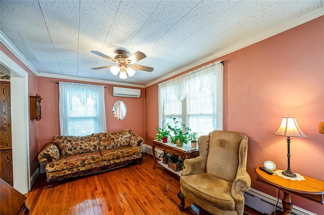 405 Linden St, Bellmore, NY 11710 - sitting room featuring ceiling fan, ornamental molding, hardwood / wood-style flooring, and a wall mounted air conditioner