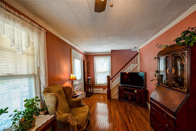 405 Linden St, Bellmore, NY 11710 - sitting room featuring crown molding, a baseboard radiator, wood-type flooring, and stairs