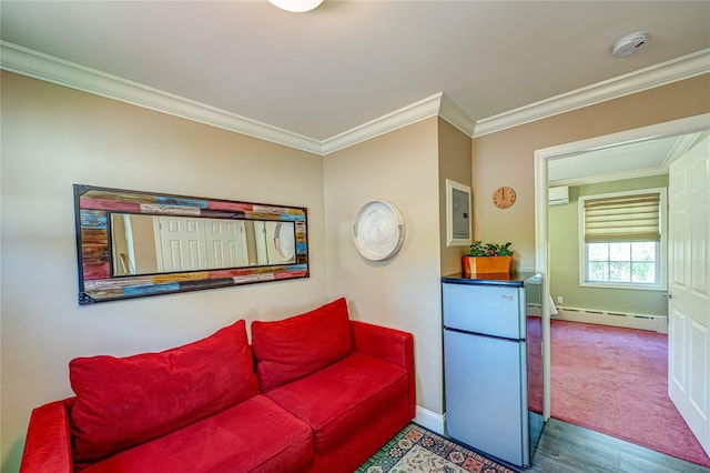 405 Linden St, Bellmore, NY 11710 - living room featuring electric panel, crown molding, wood finished floors, baseboards, and a baseboard radiator