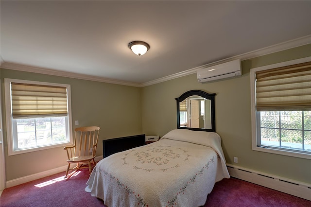 405 Linden St, Bellmore, NY 11710 - bedroom with a wall mounted air conditioner, carpet floors, a baseboard radiator, baseboards, and ornamental molding