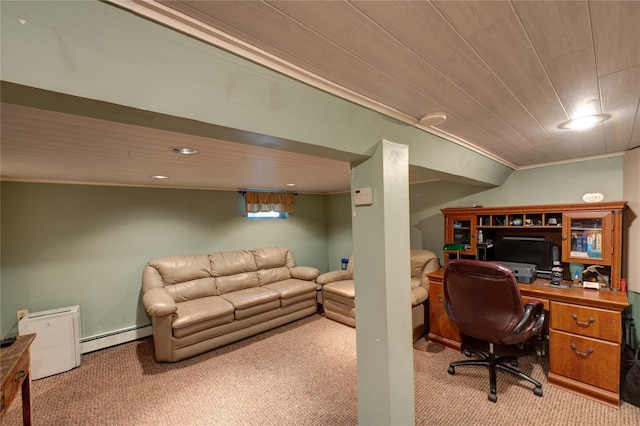 405 Linden St, Bellmore, NY 11710 - office featuring wooden ceiling, carpet flooring, and a baseboard heating unit