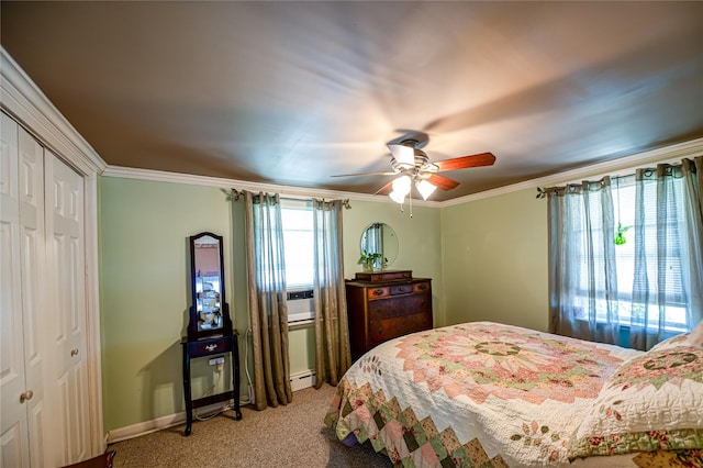 405 Linden St, Bellmore, NY 11710 - carpeted bedroom with ceiling fan, crown molding, baseboards, a closet, and a baseboard heating unit