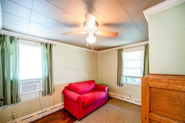 405 Linden St, Bellmore, NY 11710 - living area featuring a baseboard radiator, ceiling fan, cooling unit, and ornamental molding
