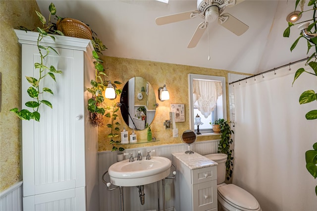405 Linden St, Bellmore, NY 11710 - full bathroom with a sink, toilet, a ceiling fan, lofted ceiling, and a shower with curtain