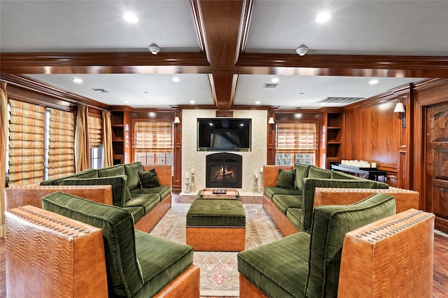 84 S Woods Rd, Woodbury, NY 11797 - living room with a fireplace, ornamental molding, and a healthy amount of sunlight