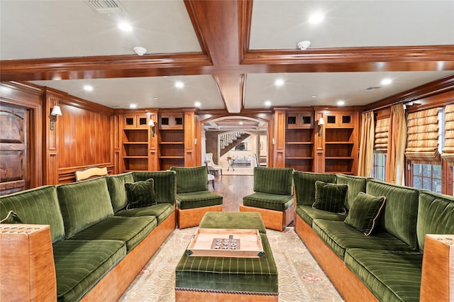 84 S Woods Rd, Woodbury, NY 11797 - living room with coffered ceiling, recessed lighting, visible vents, and wood finished floors