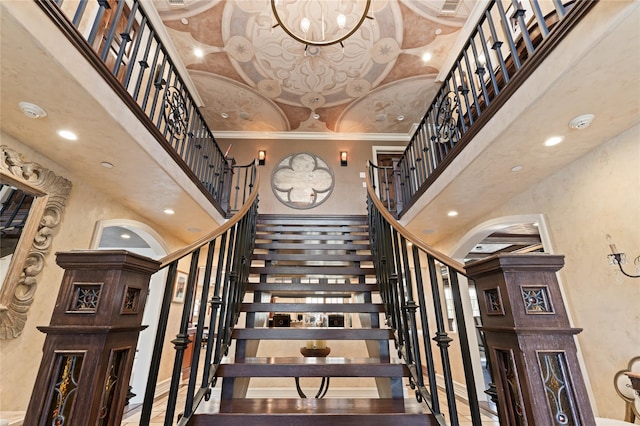 84 S Woods Rd, Woodbury, NY 11797 - staircase with a towering ceiling and recessed lighting