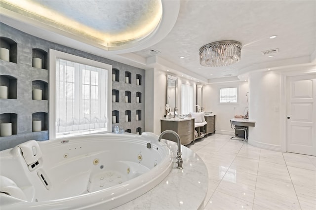 84 S Woods Rd, Woodbury, NY 11797 - bathroom with recessed lighting, baseboards, visible vents, vanity, and a tub with jets