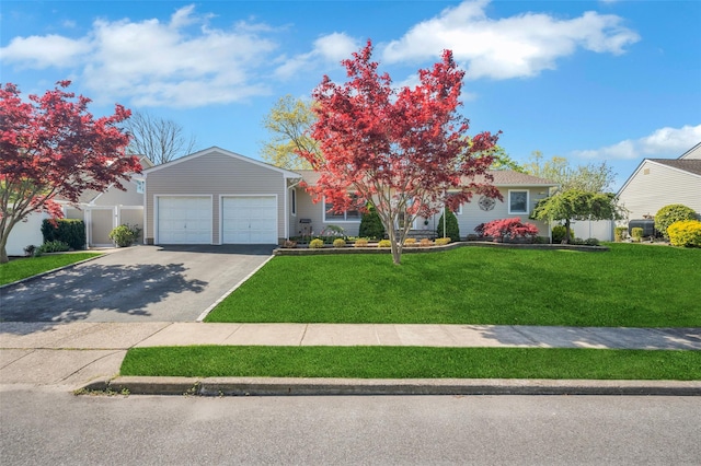view of front of property with an attached garage, fence, driveway, and a front yard