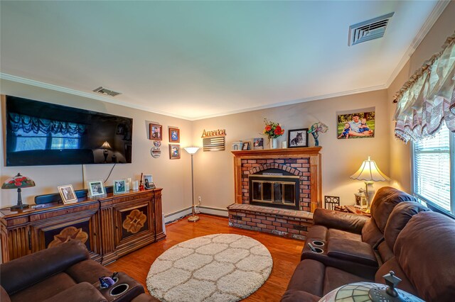 20 Bayview Rd, Amityville, NY 11701 - living room with crown molding, visible vents, and a brick fireplace