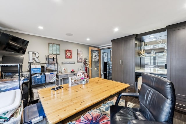 office featuring recessed lighting and ornamental molding