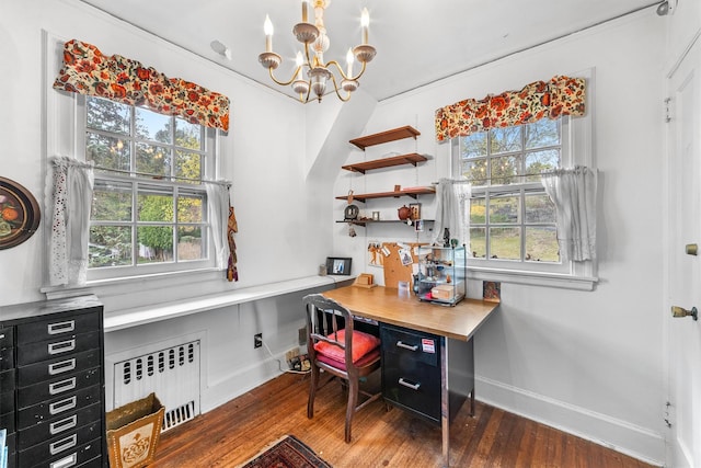 50 Oakland Ave, Tuckahoe, NY 10707 - office space with baseboards, a notable chandelier, radiator heating unit, and wood finished floors