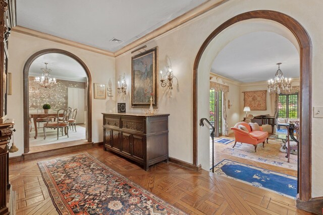 50 Hampshire Rd, Bronxville, NY 10708 - interior space with an inviting chandelier, crown molding, arched walkways, and visible vents