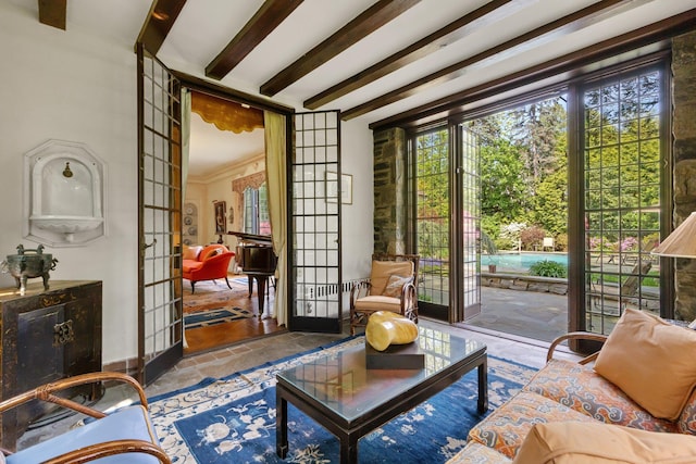 50 Hampshire Rd, Bronxville, NY 10708 - living area featuring french doors and beamed ceiling