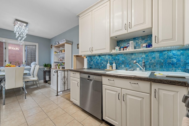 299 Whitman Dr, Brooklyn, NY 11234 - kitchen with open shelves, an inviting chandelier, stainless steel dishwasher, and a sink