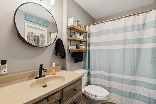 full bathroom with toilet, vanity, and a shower with shower curtain