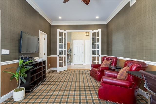 interior space featuring ceiling fan, french doors, crown molding, baseboards, and wallpapered walls