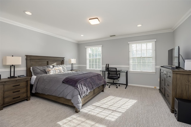 bedroom with visible vents, light colored carpet, baseboards, ornamental molding, and recessed lighting