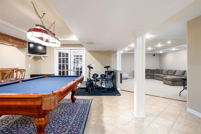 playroom with indoor bar, french doors, visible vents, and light tile patterned floors