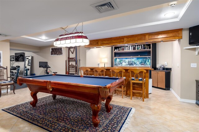 rec room with visible vents, bar, billiards, and a raised ceiling