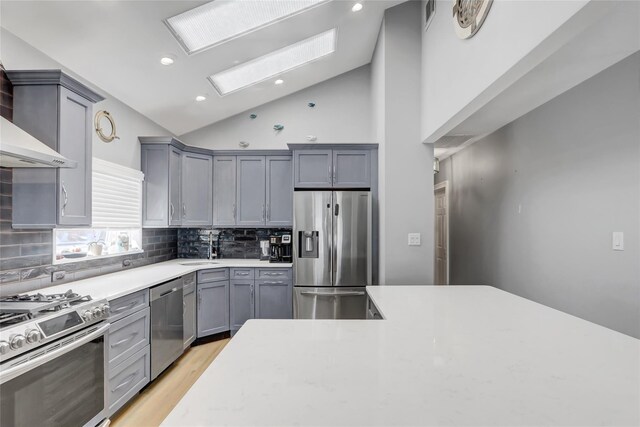 161 Bch 129th St, Rockaway Park, NY 11694 - kitchen with stainless steel appliances, gray cabinetry, decorative backsplash, light wood-type flooring, and recessed lighting