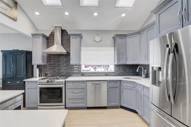 161 Bch 129th St, Rockaway Park, NY 11694 - kitchen with appliances with stainless steel finishes, a sink, gray cabinetry, wall chimney range hood, and light countertops