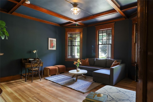 12 Highview Ave, Callicoon, NY 12723 - living area with coffered ceiling, wood finished floors, and beamed ceiling