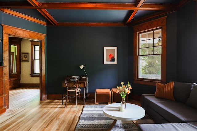 12 Highview Ave, Callicoon, NY 12723 - living area featuring coffered ceiling, plenty of natural light, beamed ceiling, ornamental molding, and light wood-style floors