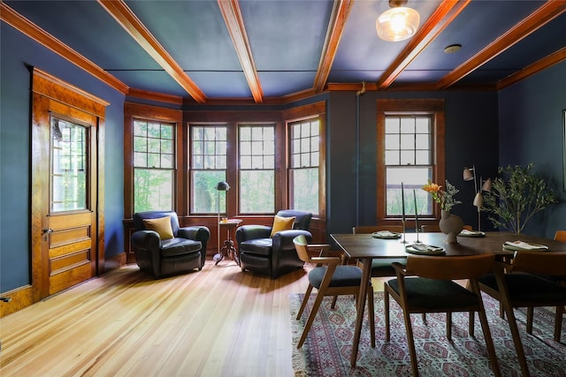 12 Highview Ave, Callicoon, NY 12723 - dining space featuring wood finished floors, ornamental molding, and beam ceiling
