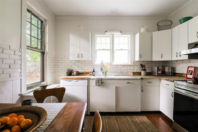 12 Highview Ave, Callicoon, NY 12723 - kitchen featuring white dishwasher, electric range, backsplash, dark wood finished floors, and white cabinetry